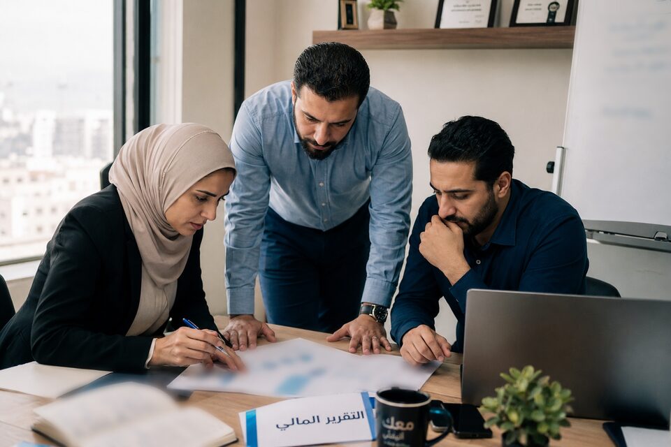 A Jordanian owner and leadership team reviewing the financial report during an operating decision
